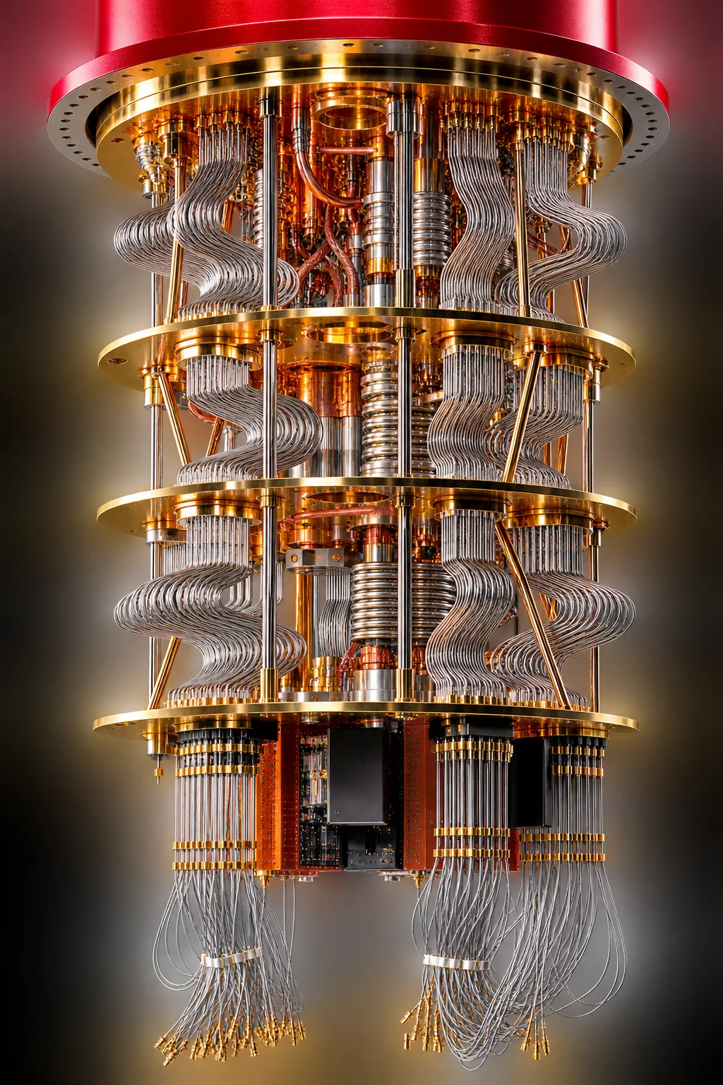 Quantum computing apparatus with gold plates and intricate wiring